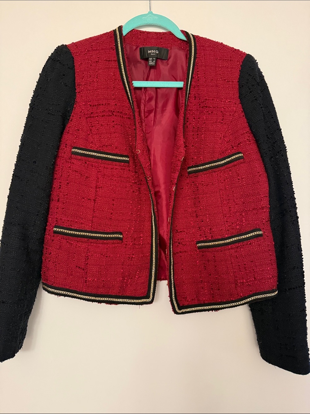 Mango Red Tweed Blazer with Black Sleeves and Gold Trim